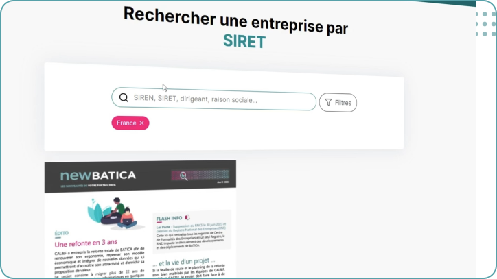 Interface de recherche d'entreprise par SIRET sur Batica, incluant des options de filtre et un aperçu des informations disponibles