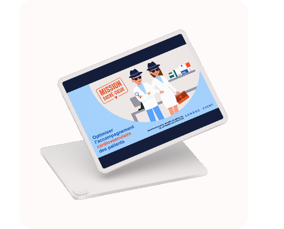 Mockup d’un écran illustrant un slideshow interactif pour Sandoz, optimisant l'accompagnement cardio-rénal des patients