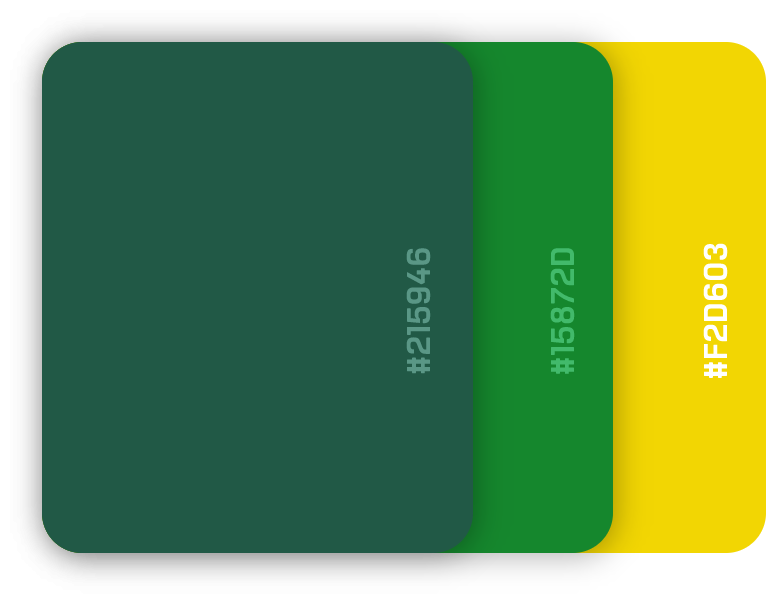 Palette de couleurs de la charte graphique Orgaouest, avec les teintes vert foncé (#215946), vert clair (#15872D), et jaune vif (#F2D603).