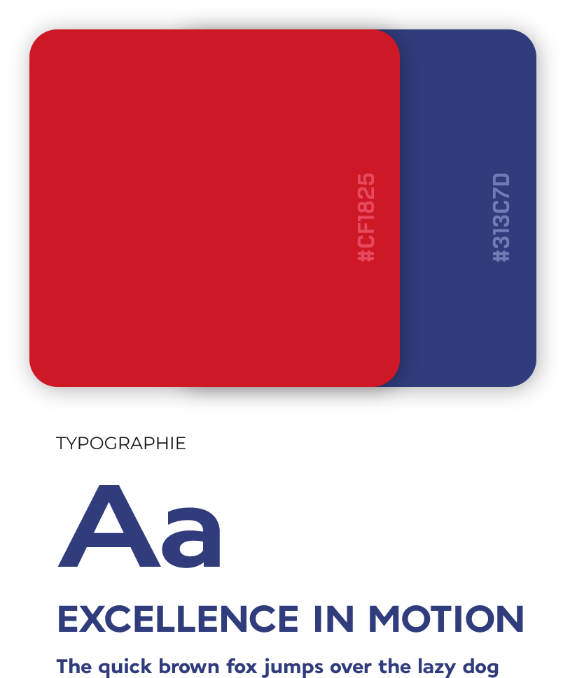 Charte graphique avec palette de couleurs rouge, bleu et typographie moderne