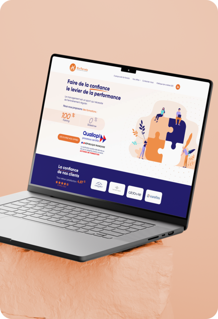 Mockup du site web Viaferrata en format ordinateur, présentant une plateforme dédiée aux formations en management et en efficacité relationnelle
