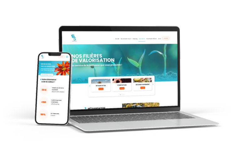 Mockup de web design pour Biosourcing, une entreprise spécialisée dans les produits écologiques et durables.