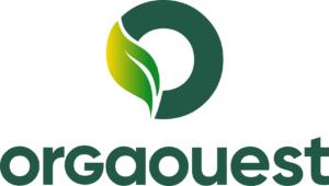 Version en couleur du logo Orgaouest, avec des teintes vertes et jaunes symbolisant la durabilité et la nature